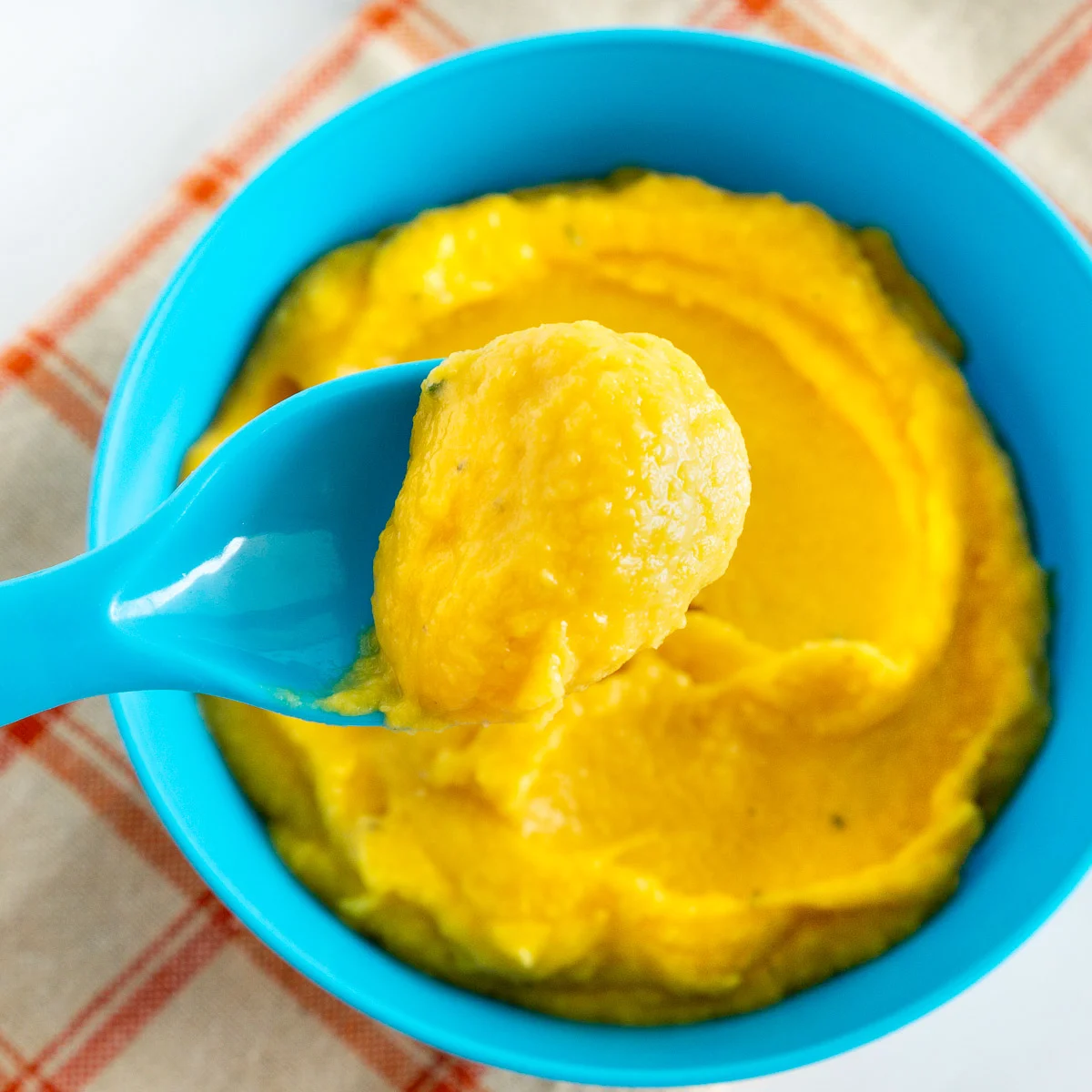 butternut squash white bean puree baby food in blue bowl with a blue spoon