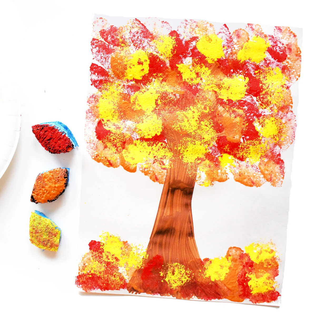 picture of sponge-painted tree - a Fall sensory activity for toddlers