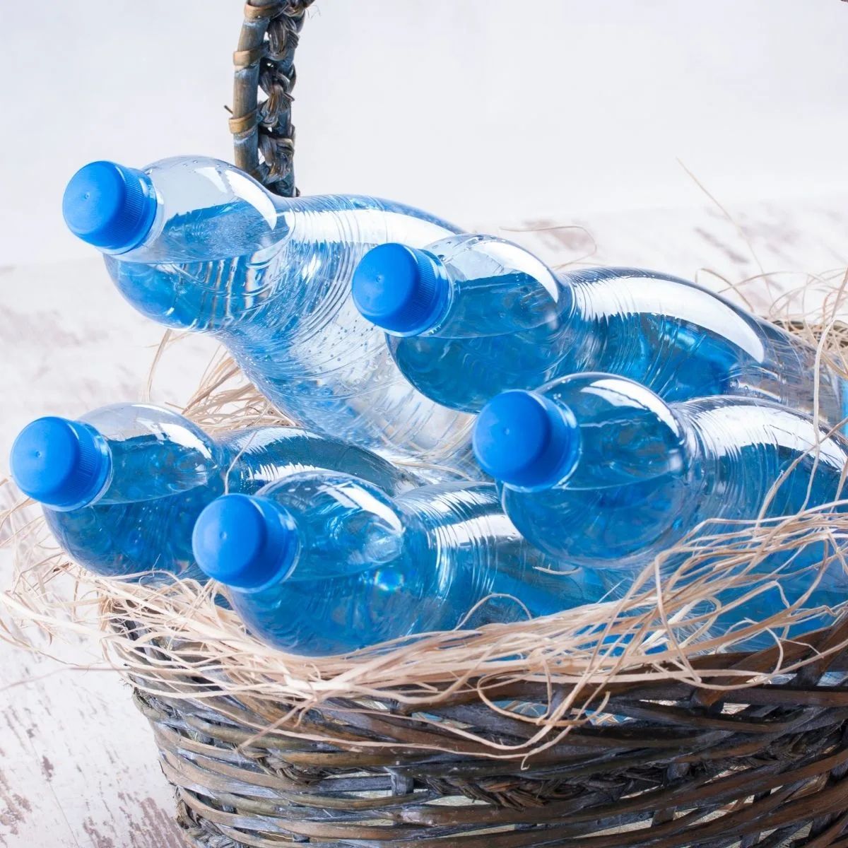 basket with water bottles