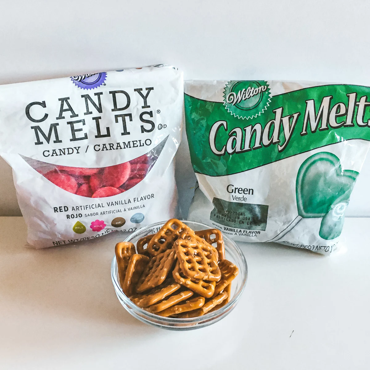 square pretzels and 2 bags of candy melts