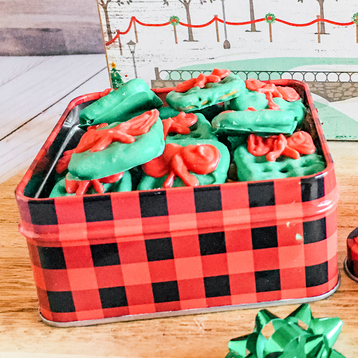 holiday gift box filled with Christmas pretzels