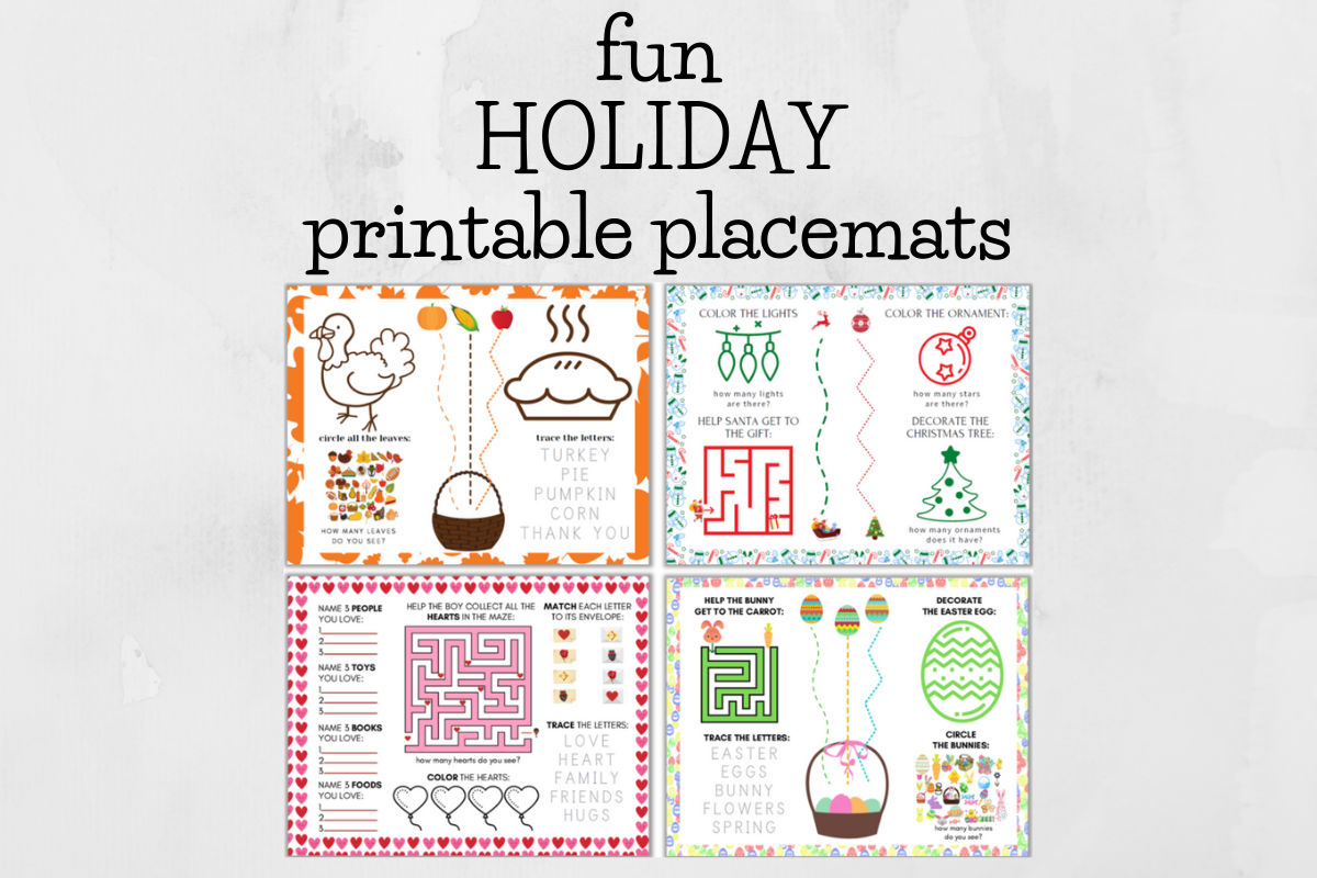 collage of printable holiday placemats for toddlers