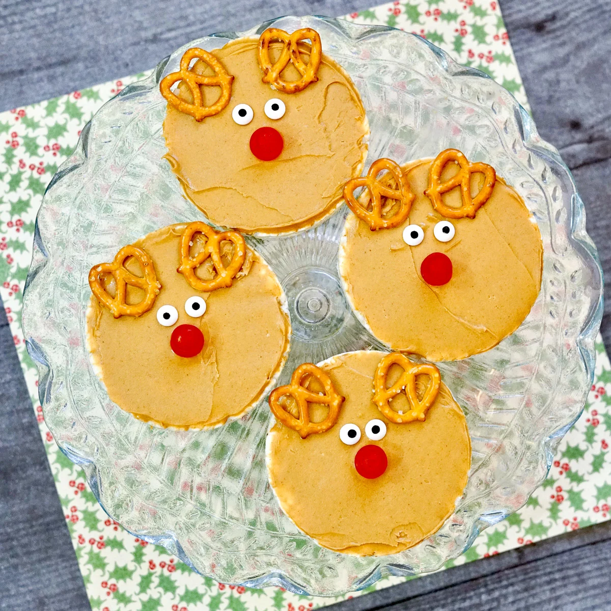 Rudolph rice cakes - christmas toddler snack on a plate