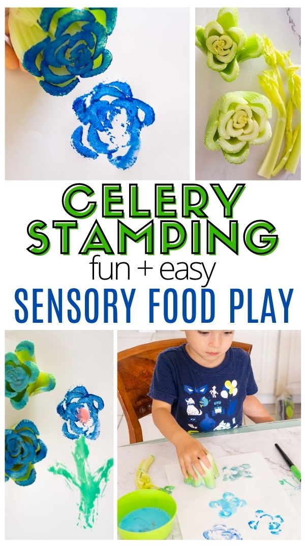 Pinnable image of sensory food play with celery stamping.