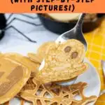 Pinterest image with text: Halloween pancakes with step-by-step instructions.