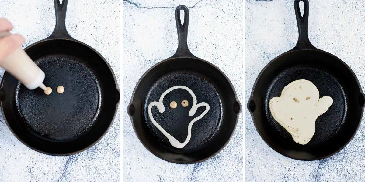 3 photos showing how to make ghost pancakes for halloween.