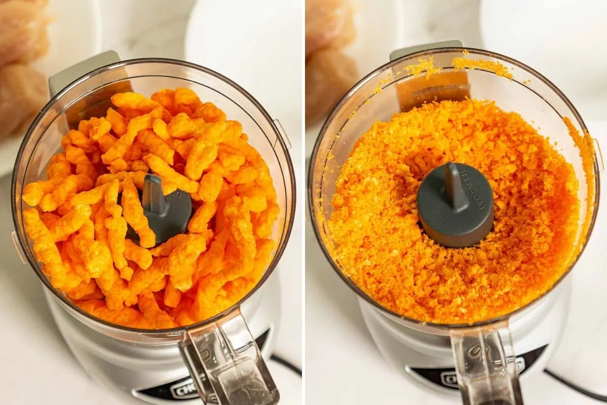 2 pictures of Cheetos in a food processor to make Cheetos breadcrumbs