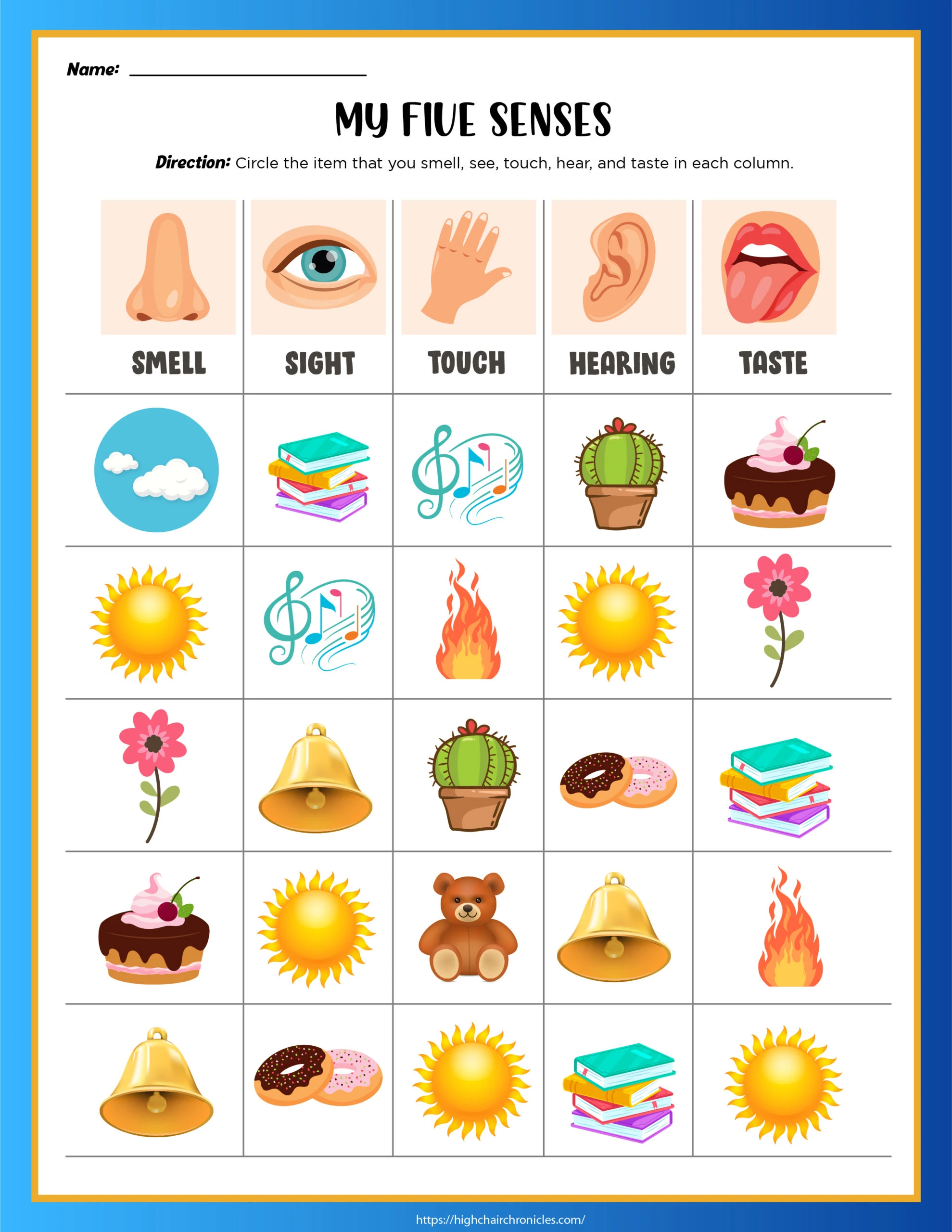 A page from the 5 senses activity worksheets