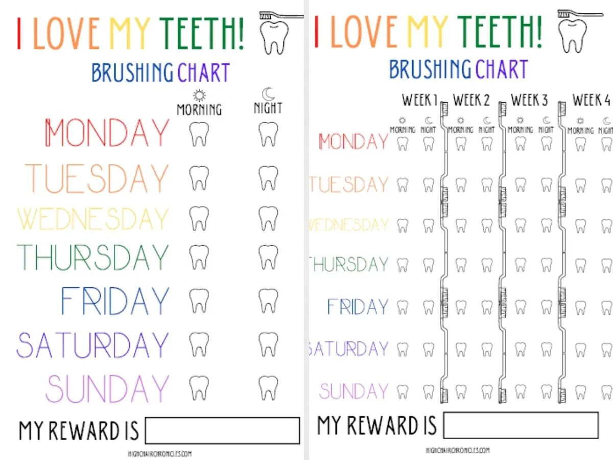 Collage of 2 tooth brushing rewards charts