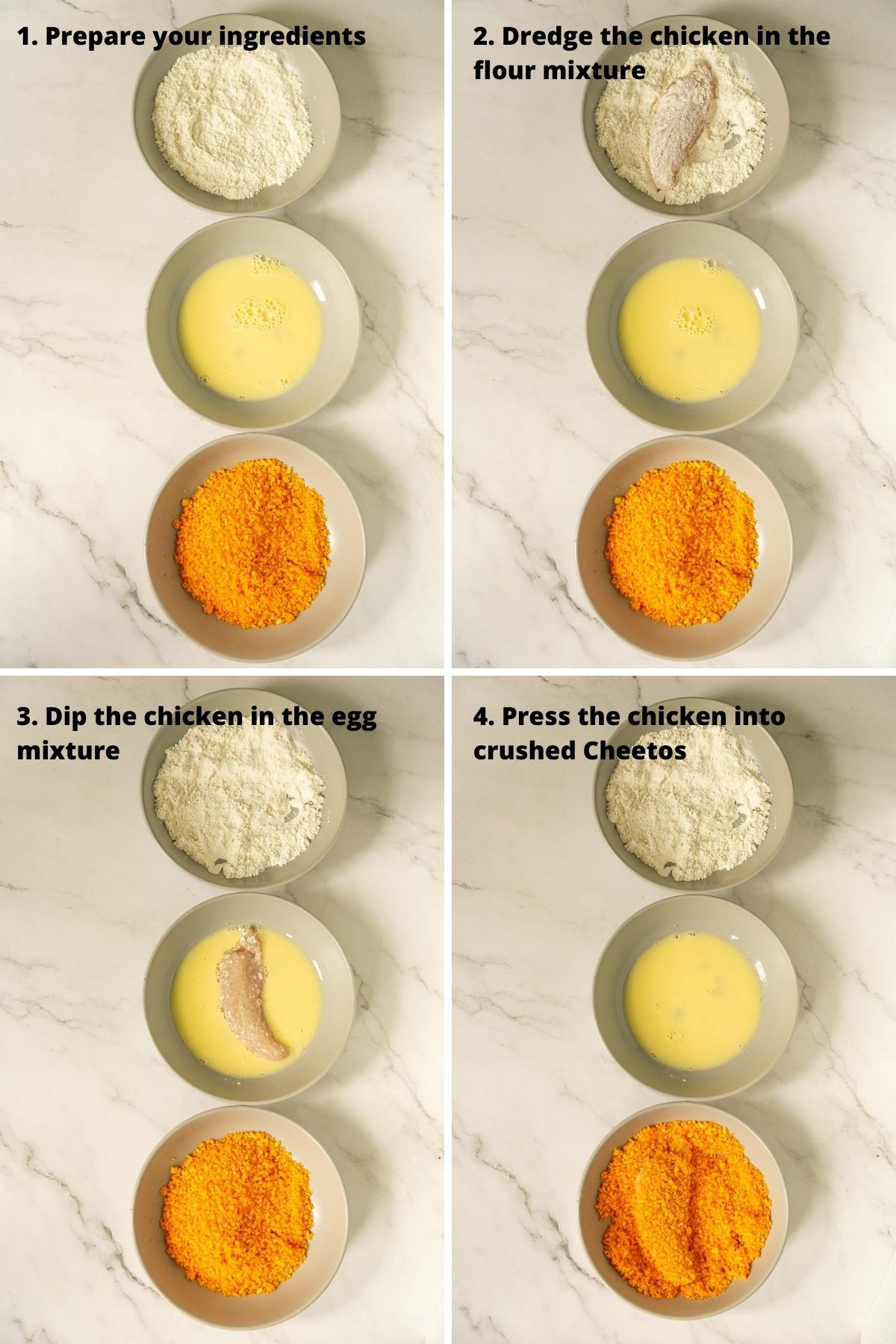 4 pictures showing how to coat chicken nuggets in cheetos