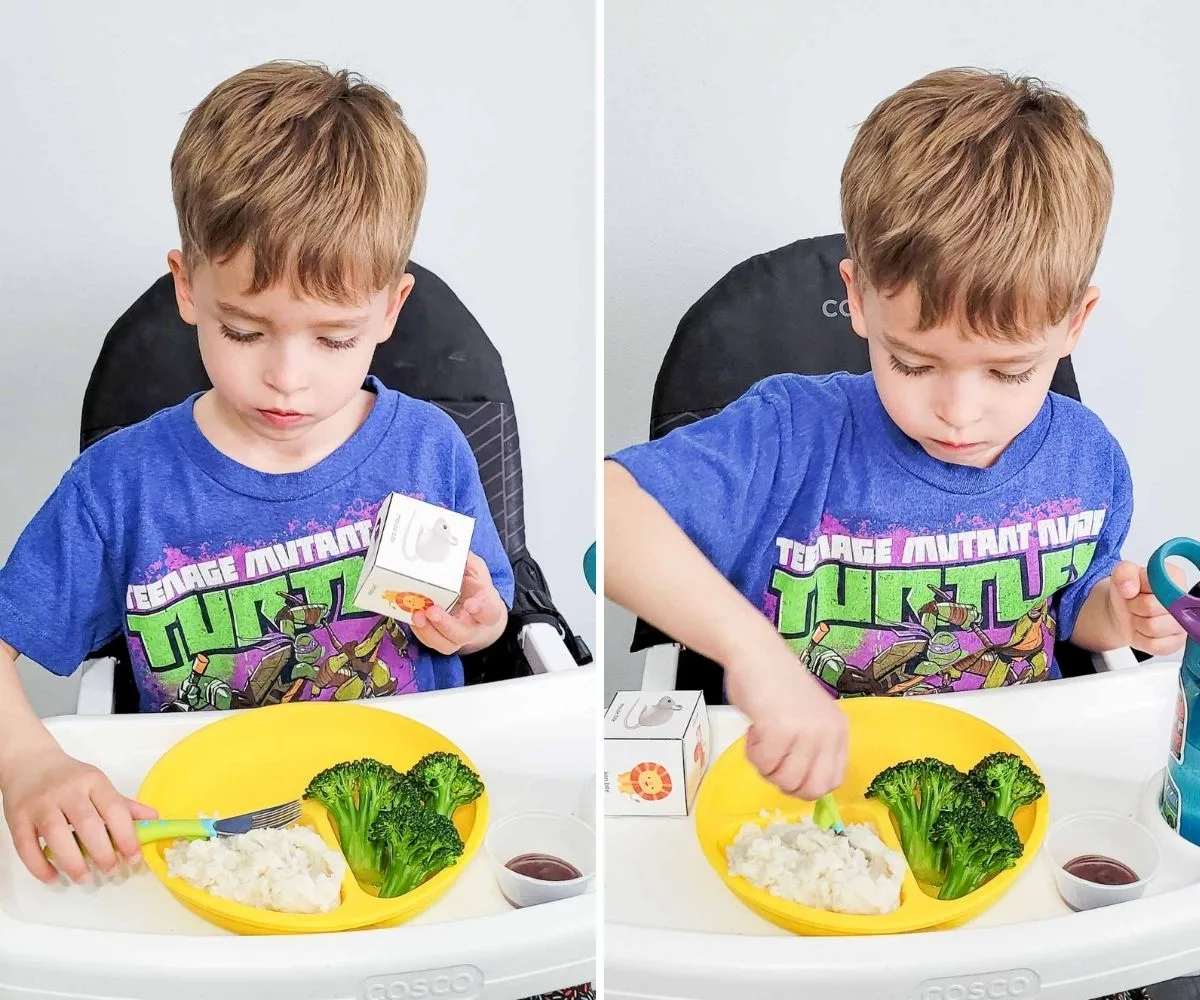Collage of 2 pictures of boy using animal dice game to eat