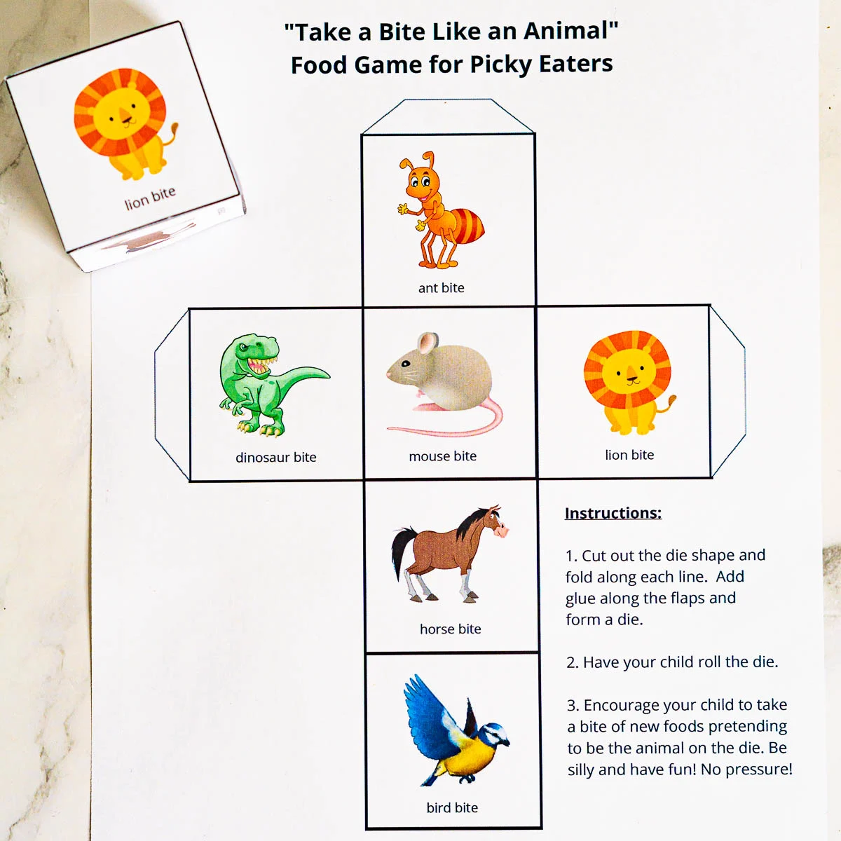 Printout and example of animal dice game for picky eaters
