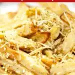 Pinterest image with text: garlic Parmesan french fries (Air fryer!)
