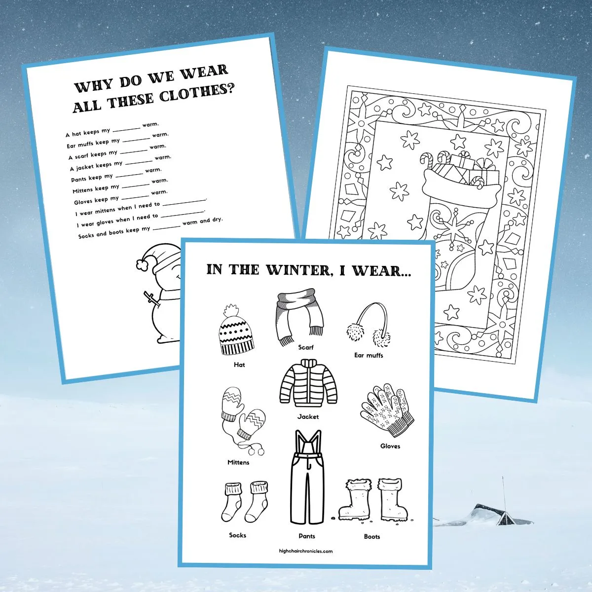 Graphic with 3 printables of winter clothes coloring pages
