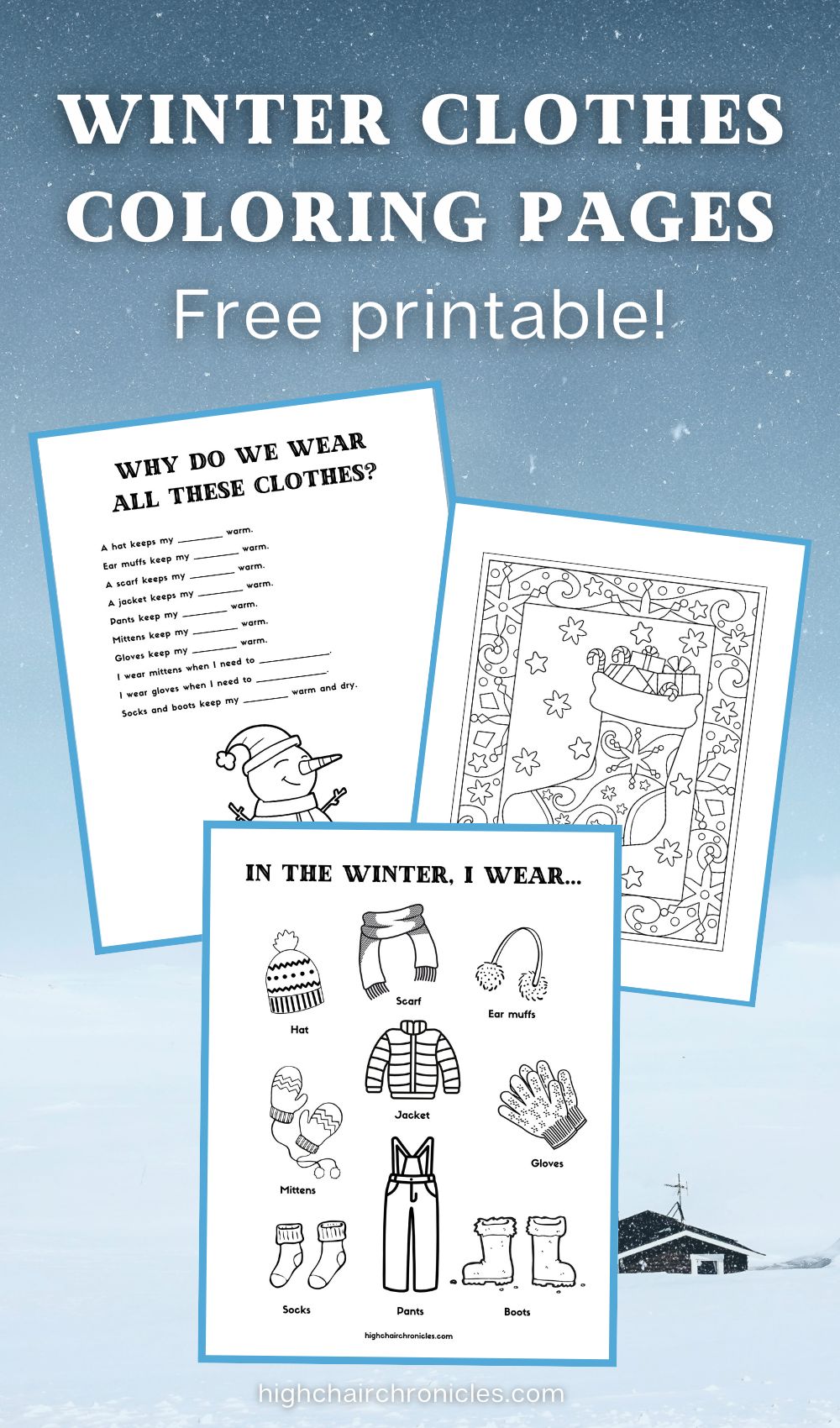 Pinterest graphic with text: Winter Clothes Coloring Pages - Free Printable