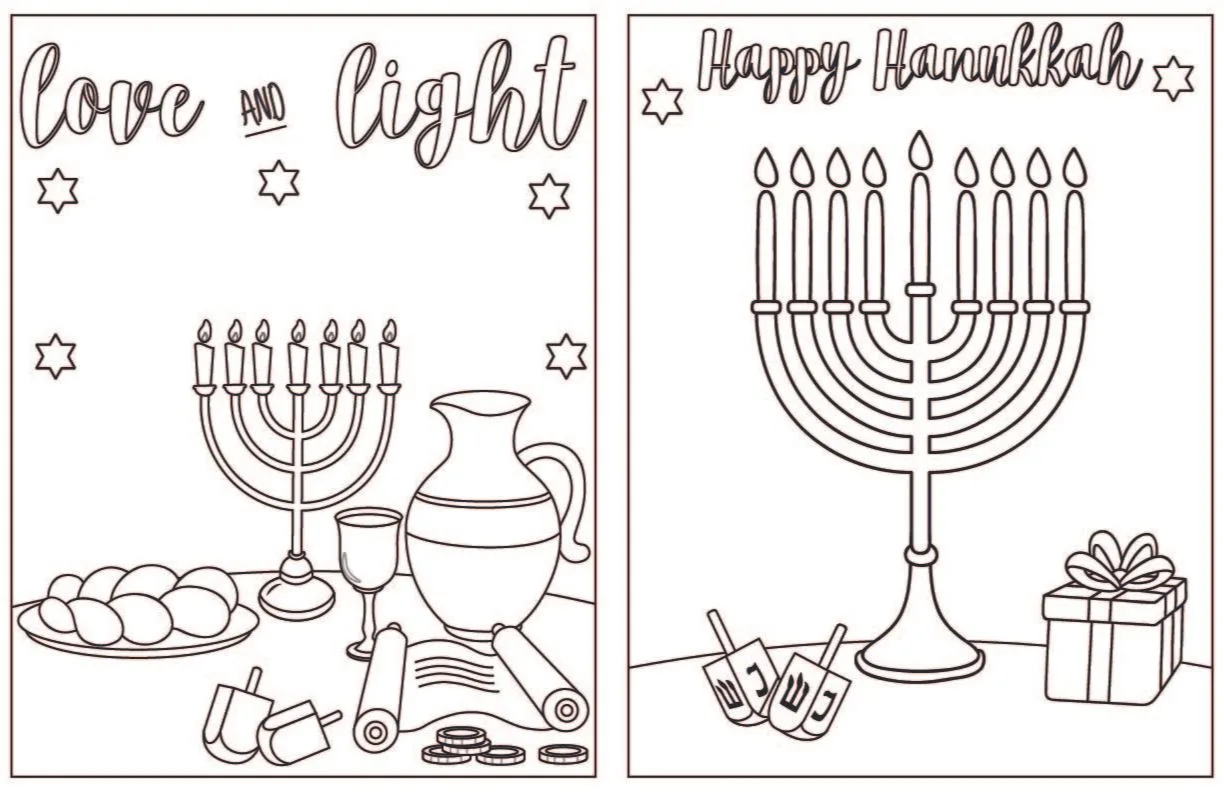 Collage of 2 Hanukkah Coloring Pages with menorahs