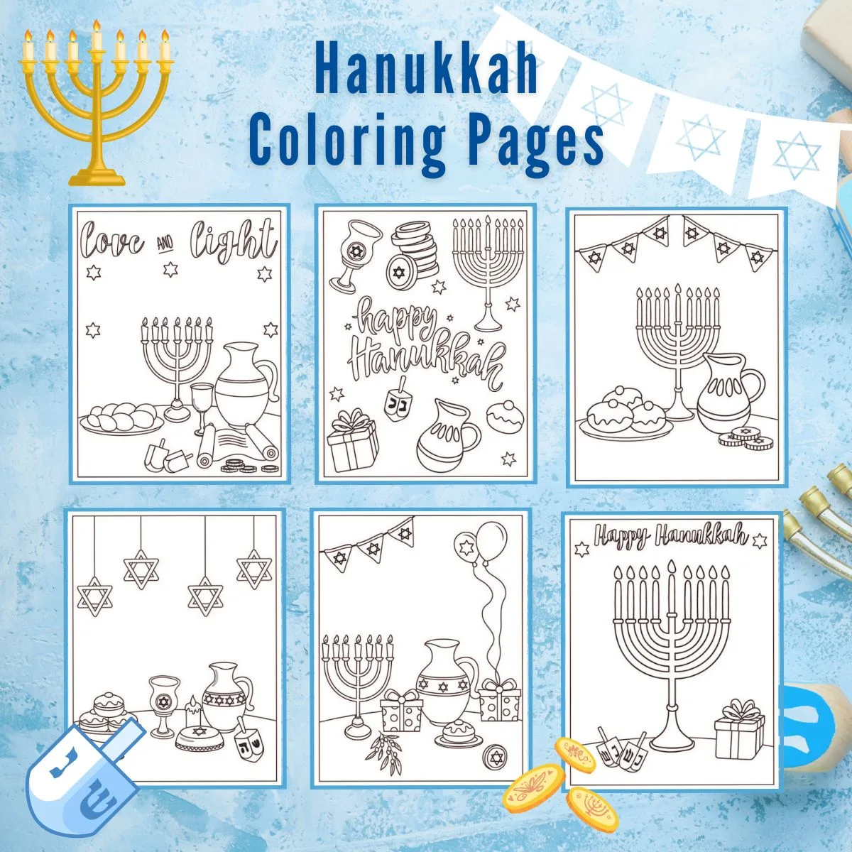 Graphic with text: Hanukkah Coloring Pages